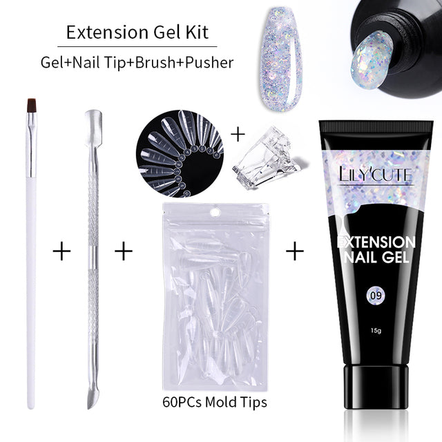 Poly Nail Gel Kit with LED Lamp, Slip Solution and Glitter Color Poly Nail  Gel All-in-One Kit